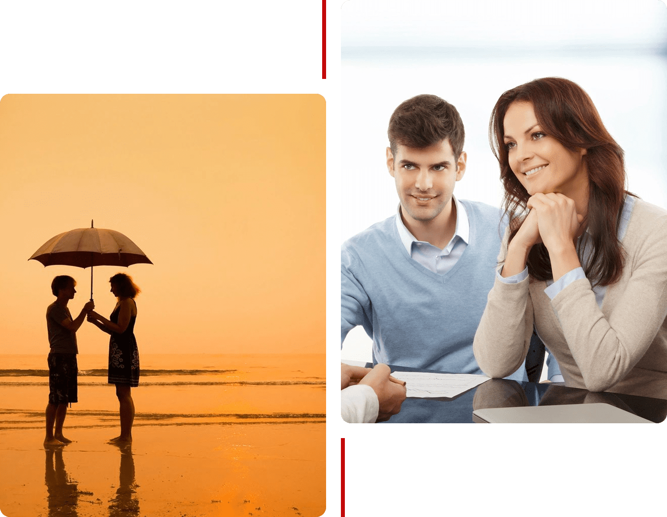 Couple on beach; business meeting indoors.